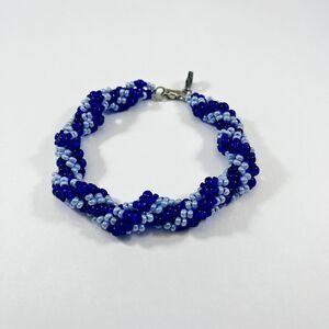 Handmade Twist Bead Bracelet Tiny Light and Dark Blue Beads, Approx 8"